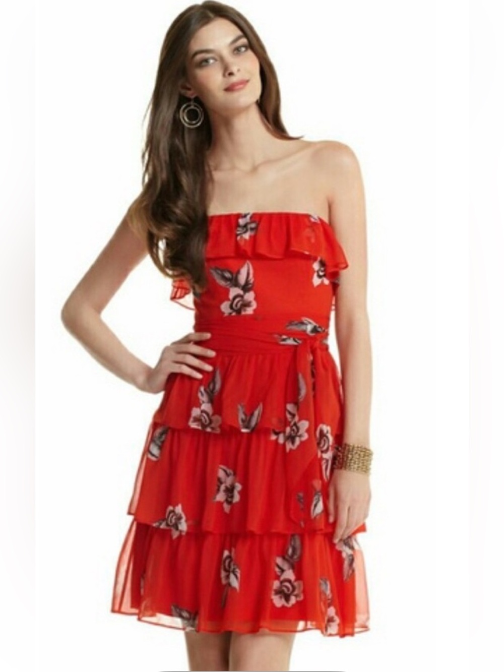 White House Black‎ Market Red Strapless Dress with ruffled tiers. Worn twice.